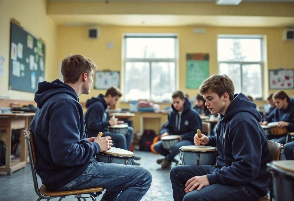 Lanky teenagers ages 14 to 17 in navy hoodies and jeans sitting with hand drums and shakers