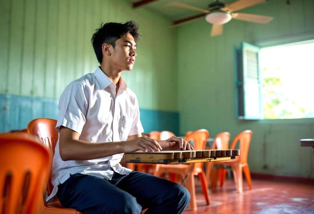 One lanky sixteen-year-old in a white button-down school shirt and navy trousers playing wooden claves while seated on a