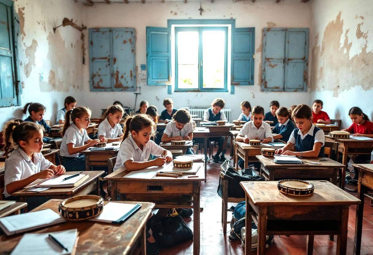 Traditional percussion instruments scattered across weathered wooden desks in a Portuguese village classroom with whitew