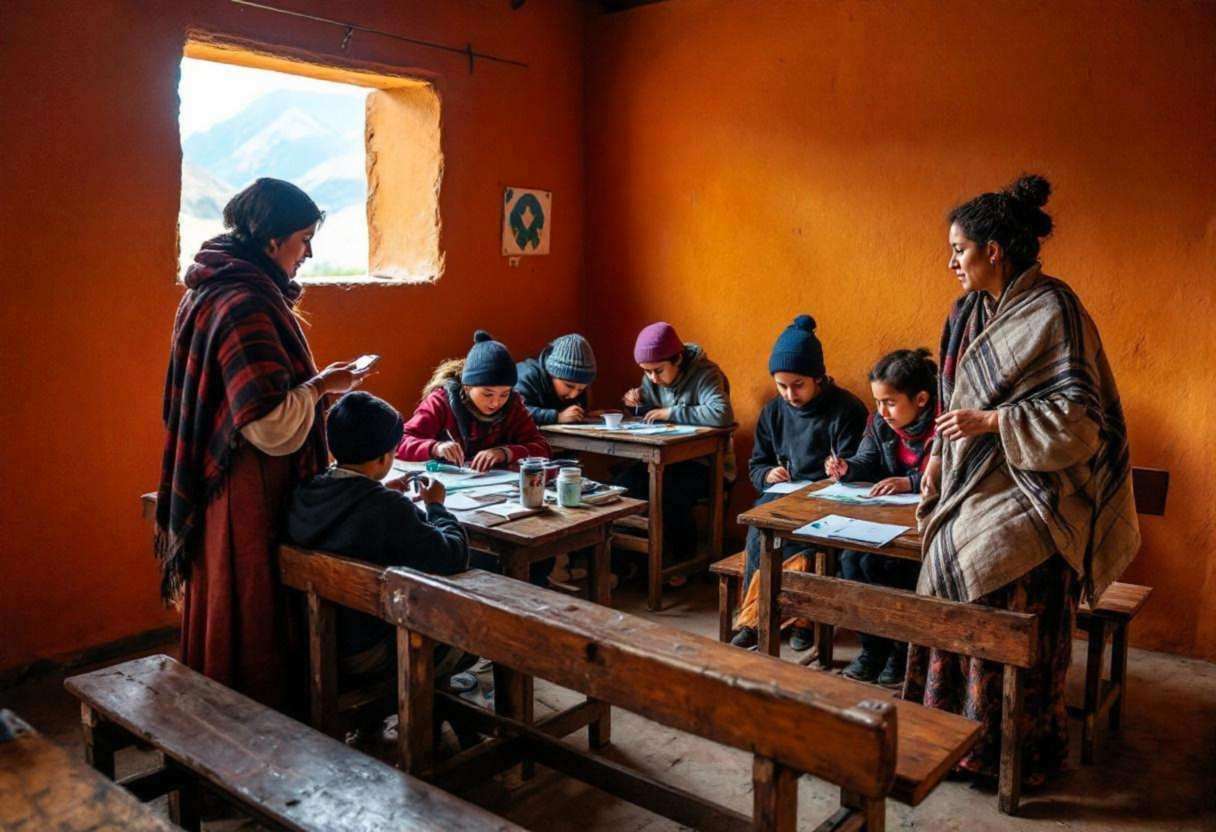 A Peruvian teacher in a woven alpaca shawl and long skirt guides preteen students ages 10 to 13 in wool sweaters and kni