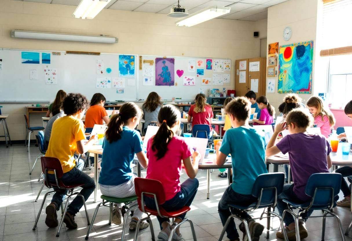 Ten to thirteen year old preteens in colorful t-shirts and jeans creating watercolor paintings at plastic tables