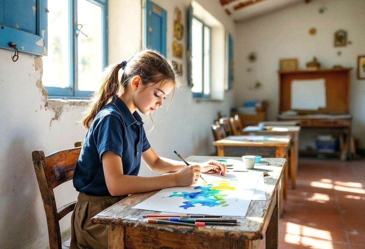 One preteen girl around age 11 in a navy school polo shirt and khaki skirt painting flowing watercolor blues and greens 