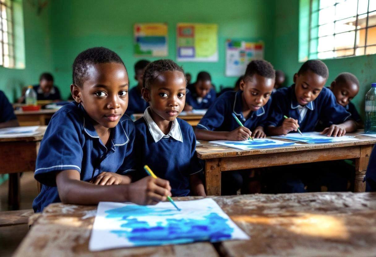 Small round-faced preteens ages 10-13 in navy-blue cotton uniforms creating watercolor paintings about water conservatio