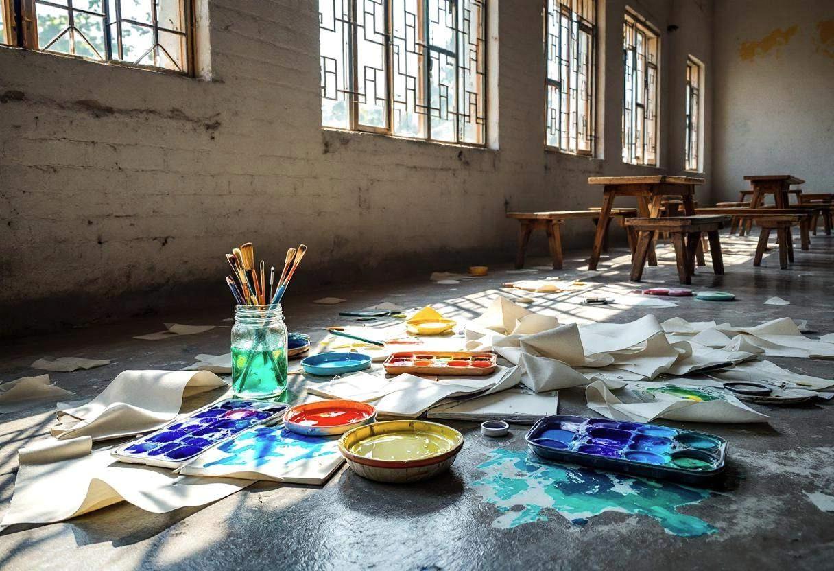 Art supplies scattered on a concrete classroom floor in a rural Chinese village school with whitewashed brick walls