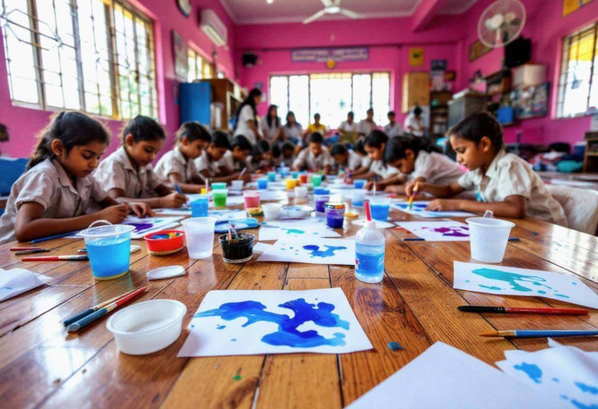Art supplies scattered on wood-look tile floor for water-themed painting activity