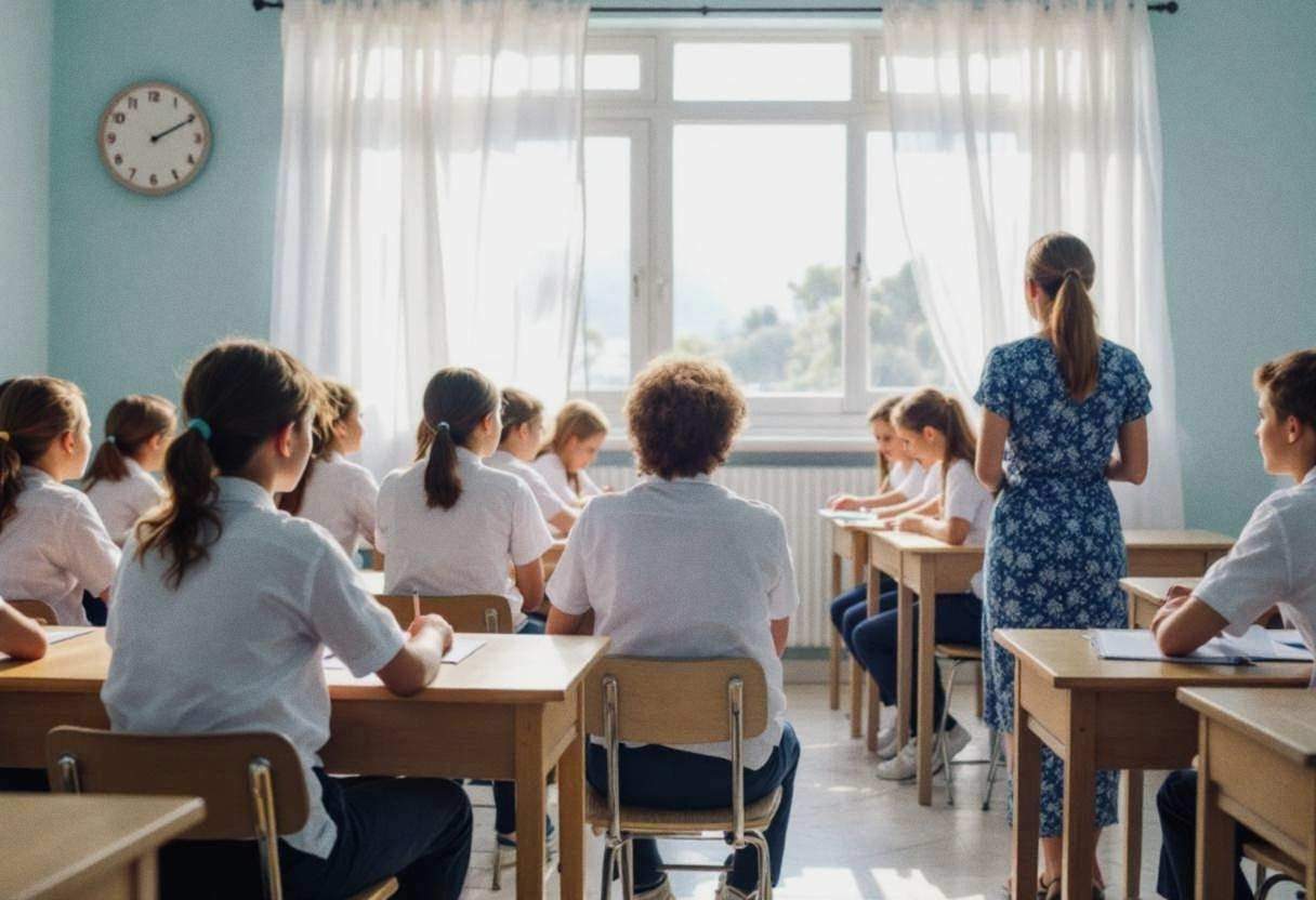 Middle-school-age preteens ages 10 to 13 in white cotton shirts and navy trousers seated around wooden desks facing thei