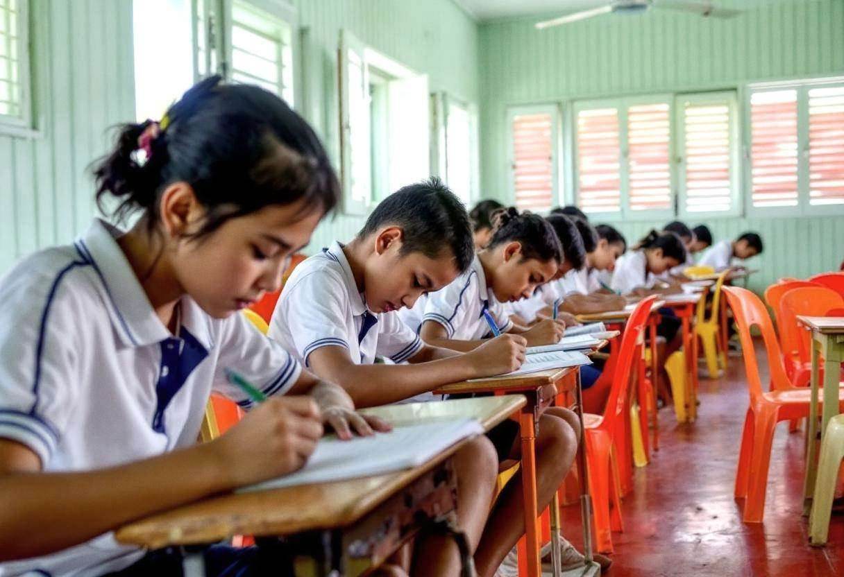 Preteens ages 10-13 in white polo uniform shirts and navy shorts bent over notebooks writing