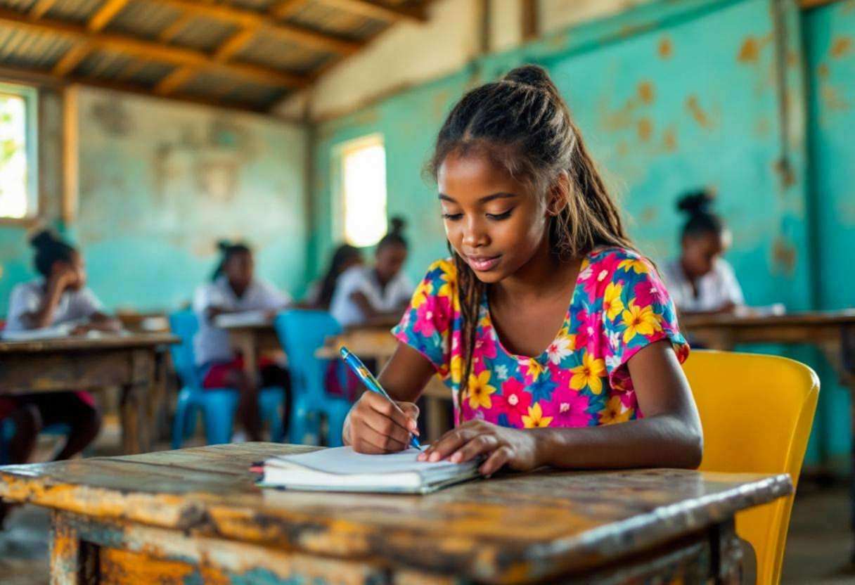 A preteen girl around age 12 in a bright floral cotton dress writing in her notebook