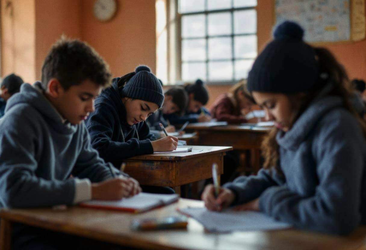 Preteens ages 10 to 13 in knit wool sweaters and school uniforms seated on wooden benches