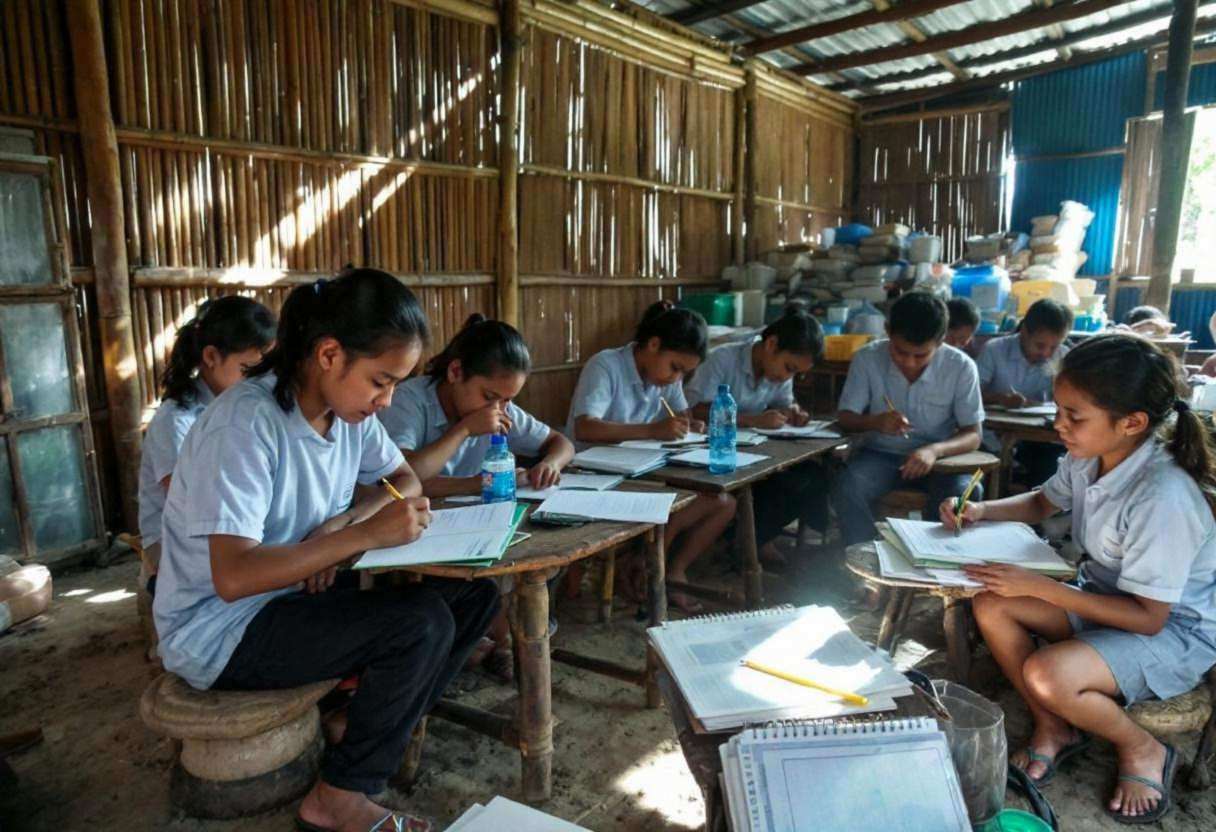 Writing notebooks and pencils scattered across low wooden stools and packed-earth floor in an Indonesian rural schoolhou