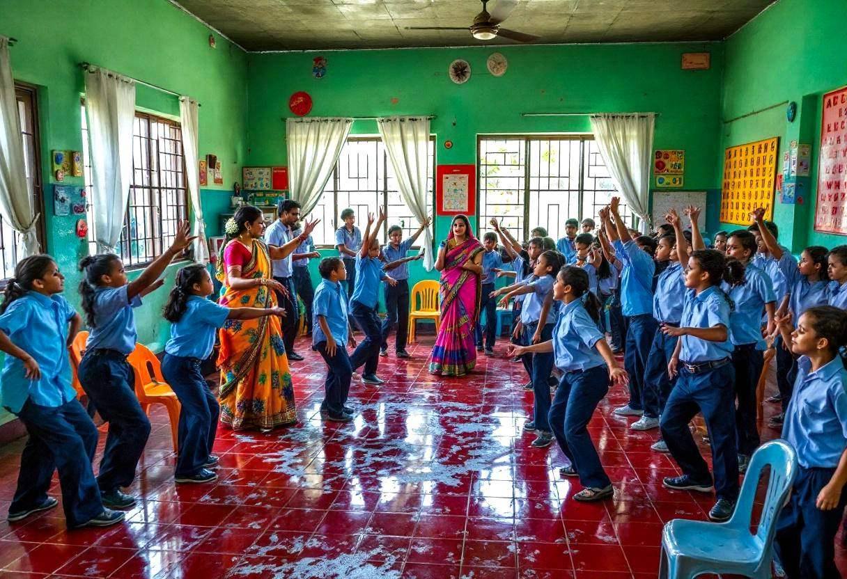 A South Indian teacher in a bright cotton sari leading ten to thirteen-year-old students in blue uniform shirts and navy