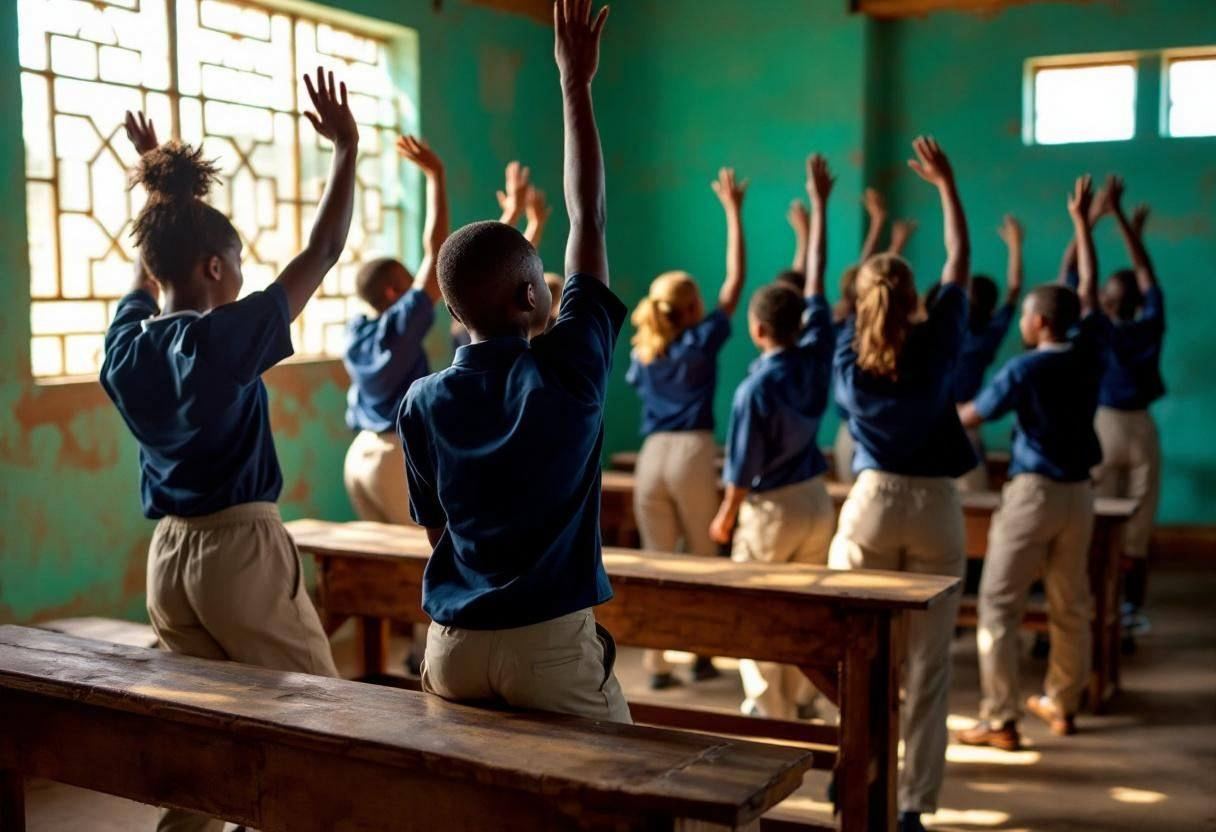 Twelve-year-old students in navy-blue uniform shirts and khaki trousers moving in synchronized dance steps