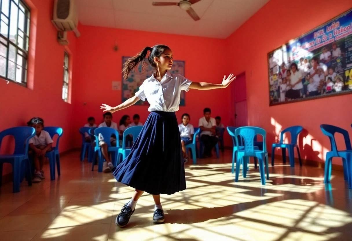 One ten-year-old girl in a white cotton blouse and navy pleated skirt moving gracefully with arms extended
