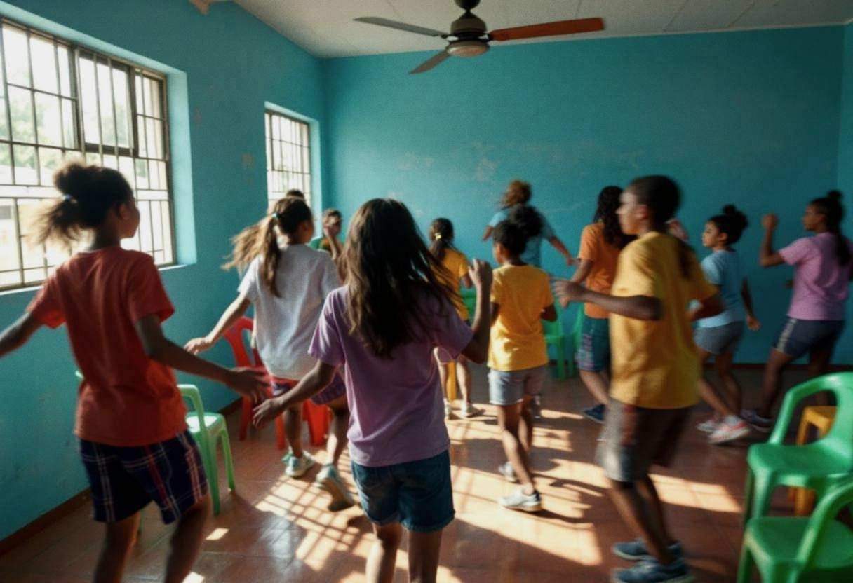 Preteens ages 10 to 13 in colorful cotton t-shirts and shorts dancing with flowing arm movements mid-lesson