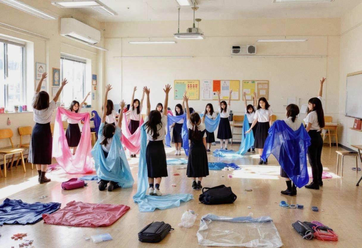 Dance scarves and water-themed props scattered across light wood classroom floor in Japanese public school