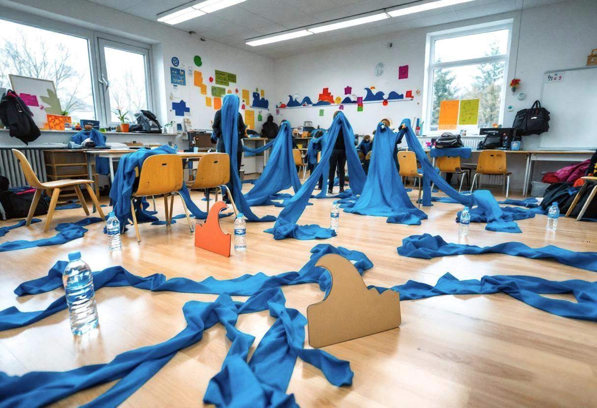 Blue fabric strips and flowing scarves scattered across pale birch classroom floor