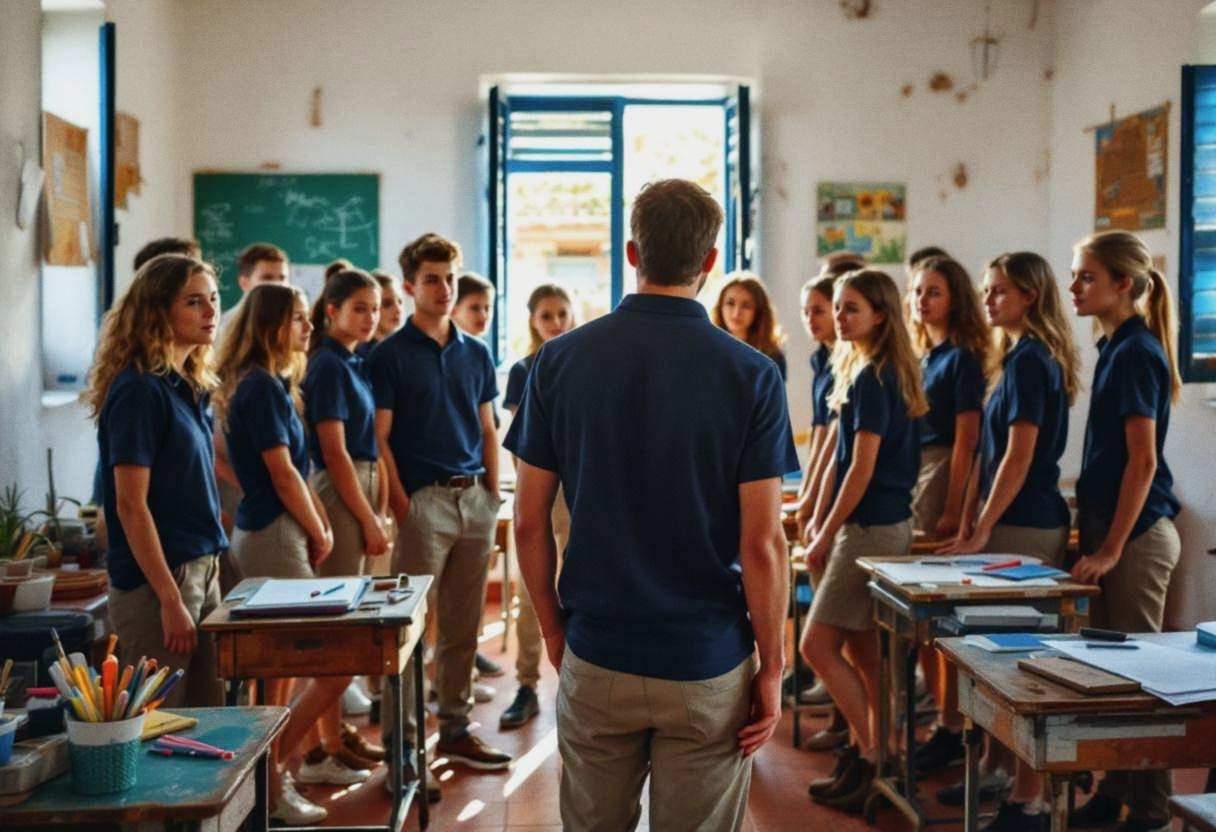 Lanky teenagers ages 14 to 17 in navy polo shirts and khaki trousers arranged around their teacher in a flowing cotton b