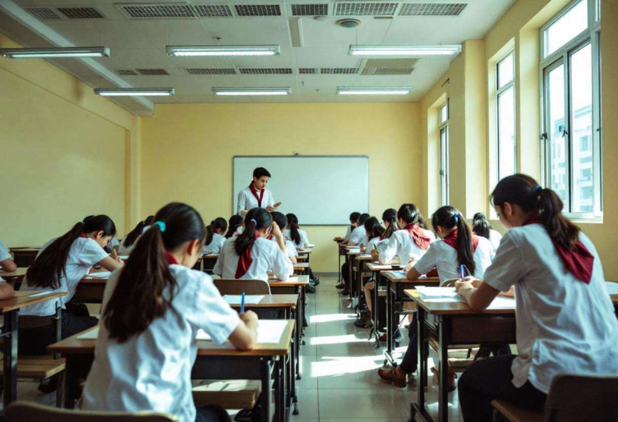 Lanky fourteen to seventeen-year-old Vietnamese high schoolers in crisp white button-down uniform shirts and red scarves