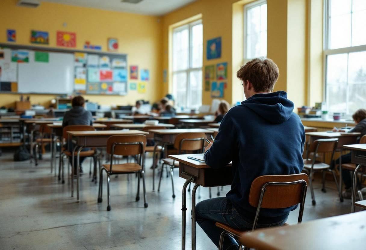 One lanky sixteen-year-old in a navy hoodie and dark jeans sketching at a wooden desk