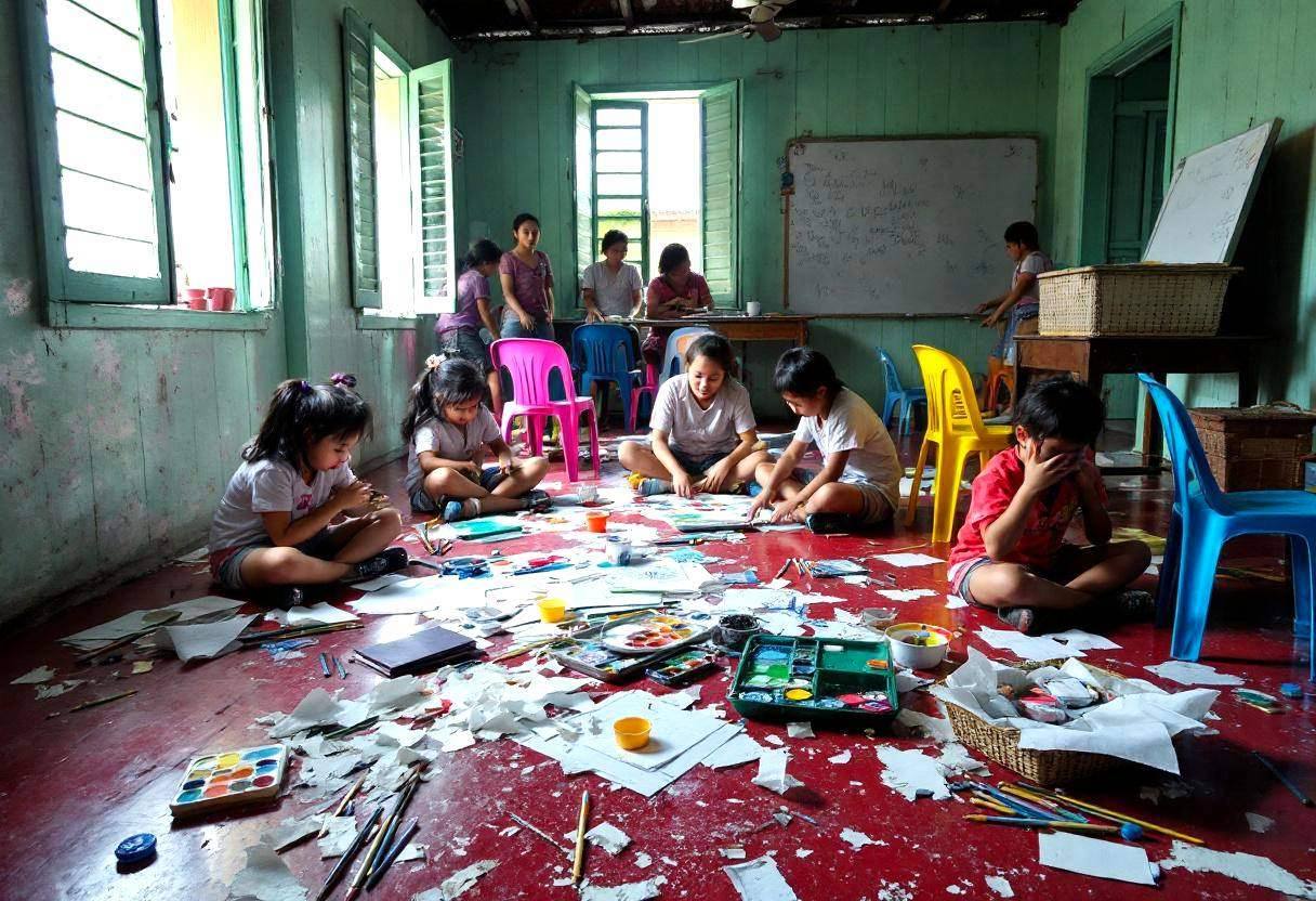 Art supplies scattered across red concrete floor in corner of Filipino classroom