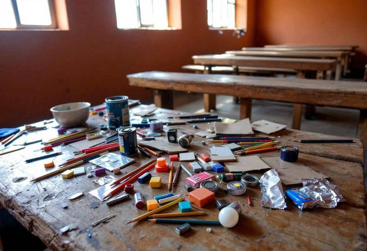 Art supplies for sustainable energy exploration scattered across a wooden bench