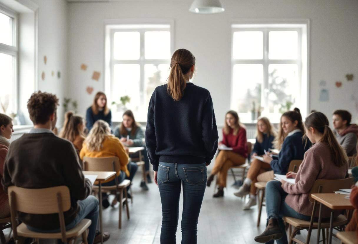 A Scandinavian teacher in a dark wool sweater and jeans seen from behind leading ten to thirteen-year-olds in colorful k