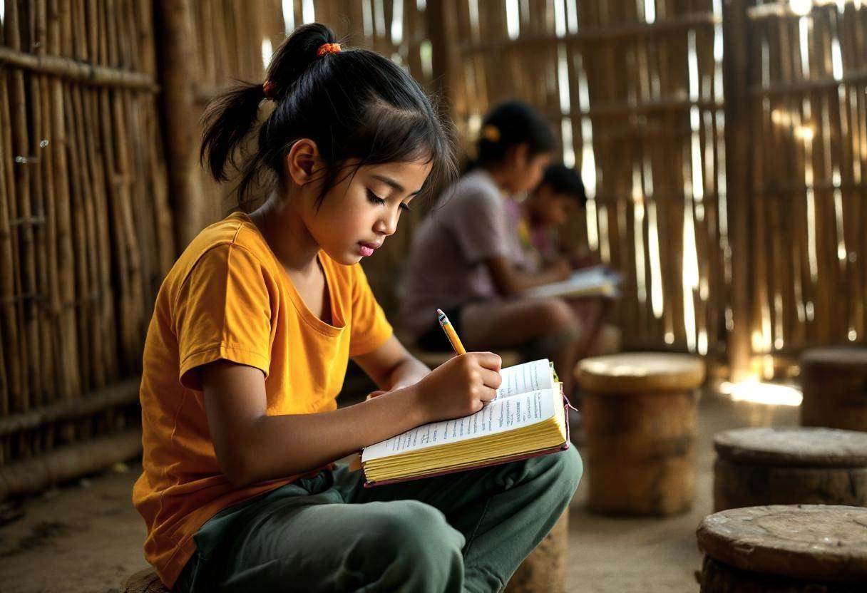 One preteen girl around age 11 in a bright cotton t-shirt and long pants writing intently in a notebook