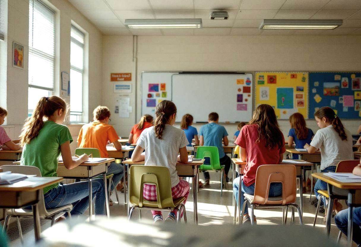 Middle-school preteens ages 10 to 13 in colorful t-shirts and jeans working on creative writing projects