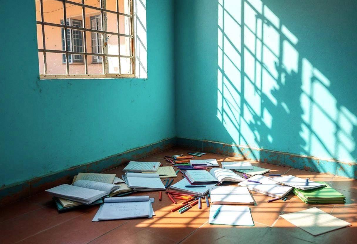 Creative writing supplies scattered on a terracotta tile floor corner of a Dominican Republic classroom