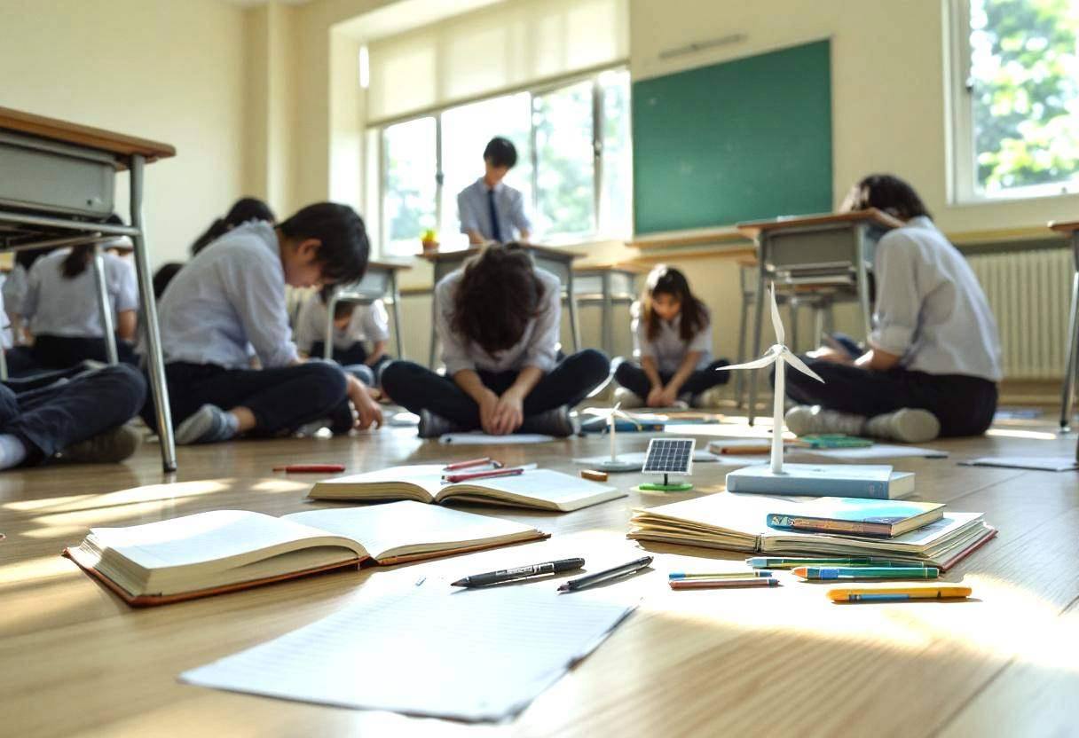 Scattered creative writing materials on light wood classroom floor: blank lined notebooks opened to half-written pages