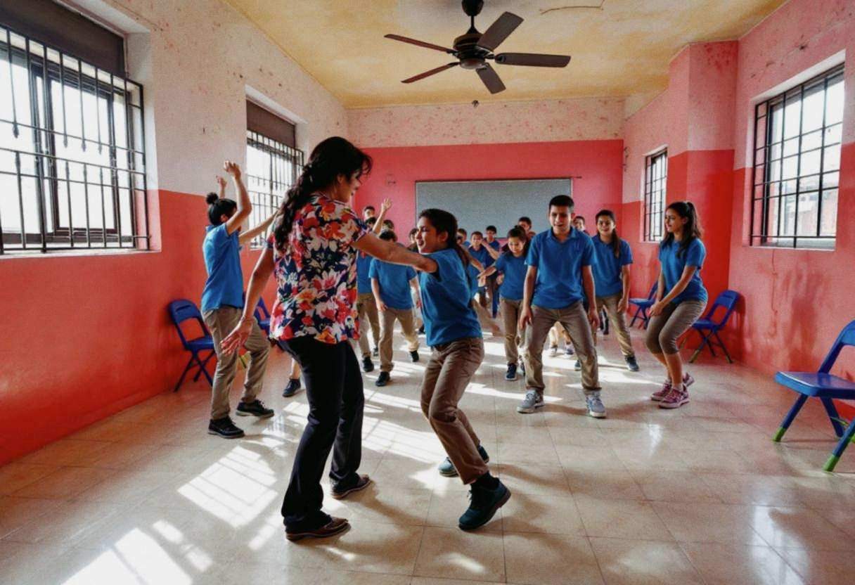 Mexican teacher in a bright floral blouse and dark trousers leading ten to thirteen-year-old preteens in blue polo shirt
