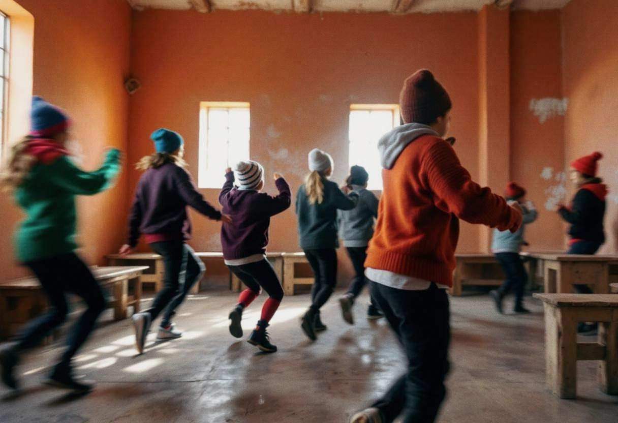 Preteens ages 10 to 13 in colorful knit wool sweaters and caps mid-freeze dance