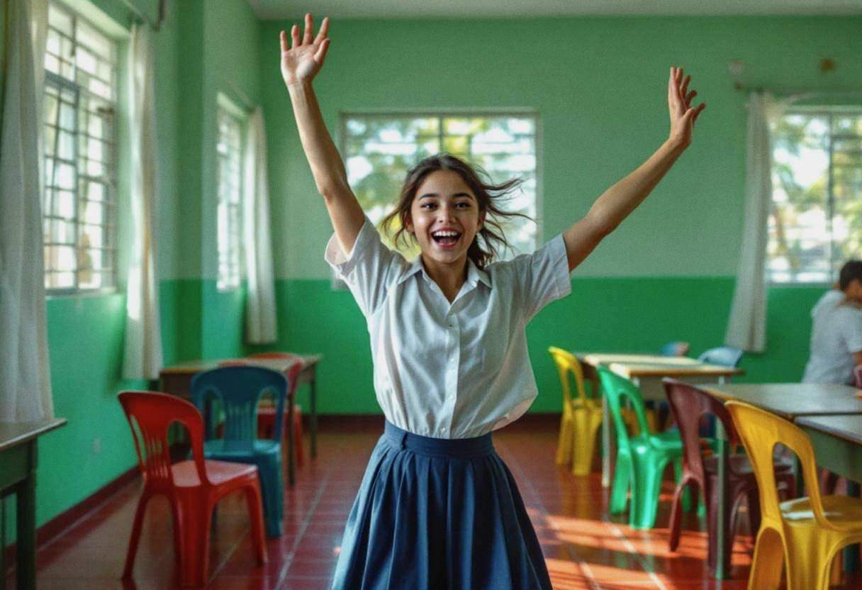 One middle-school-age preteen girl in a white cotton school blouse and navy blue skirt frozen mid-dance move with arms r