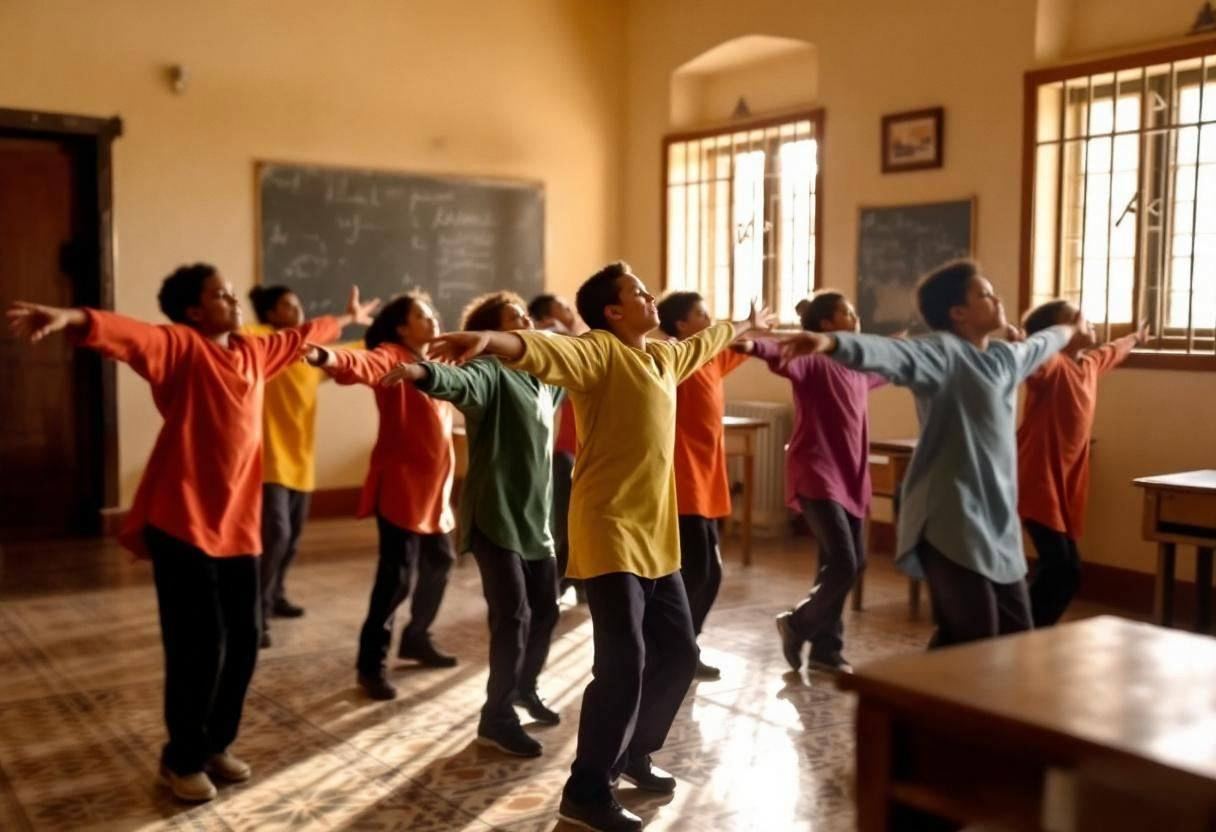 Twelve preteen students ages 10-13 in colorful cotton tunics and dark trousers frozen mid-dance pose with arms outstretc