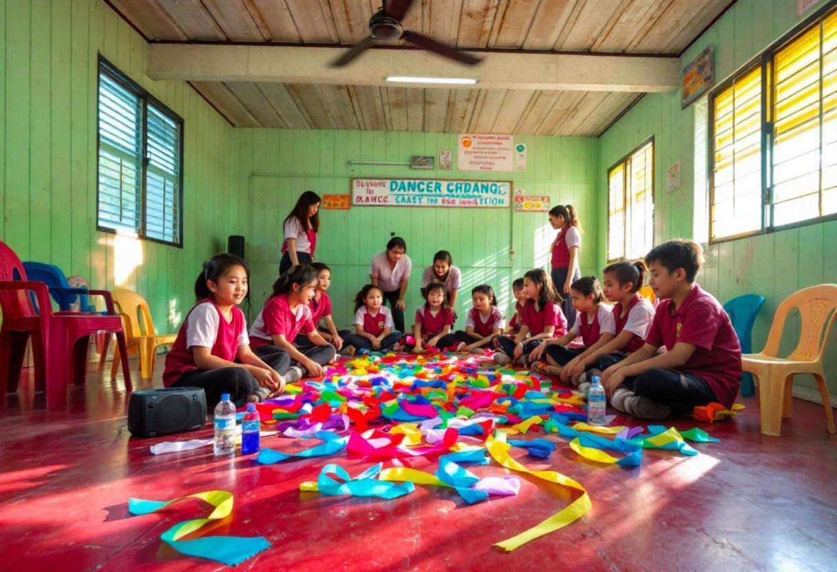 Dance scarves and colorful ribbons scattered across red concrete floor alongside a portable bluetooth speaker and water 