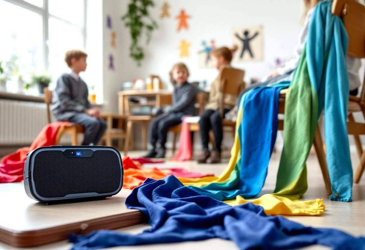 Music speaker and colorful fabric scarves scattered on pale birch classroom floor