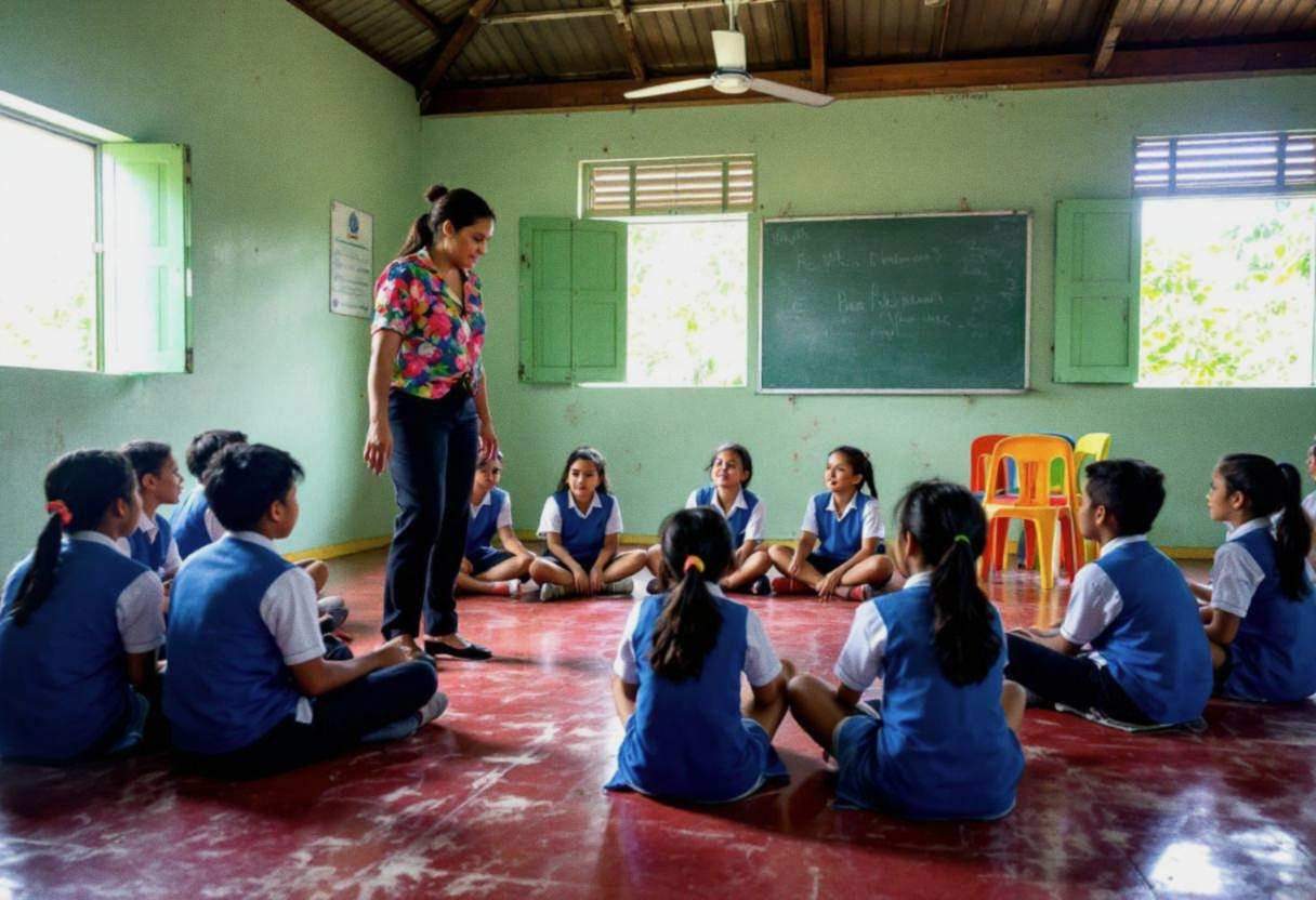 A Filipino teacher in a bright floral blouse and dark trousers leads preteens ages 10 to 13 in blue and white school uni