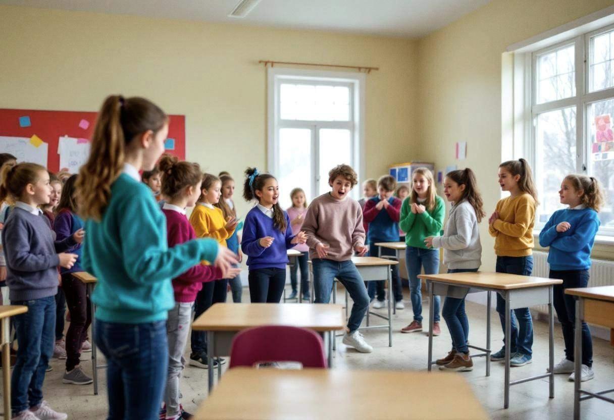 Twelve preteen students ages 10 to 13 in colorful sweaters and jeans acting out energy scenarios with animated gestures 