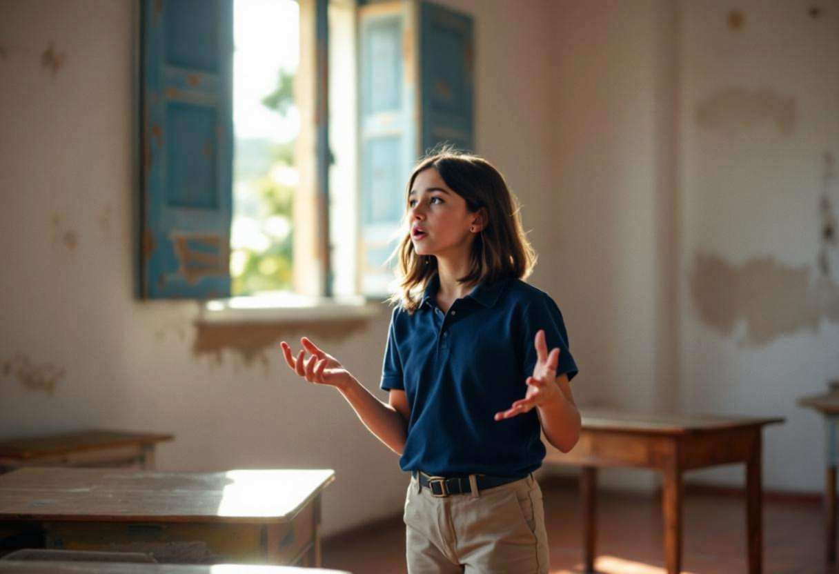 One preteen girl with shoulder-length dark hair in a navy blue school polo shirt and khaki trousers gesturing dramatical