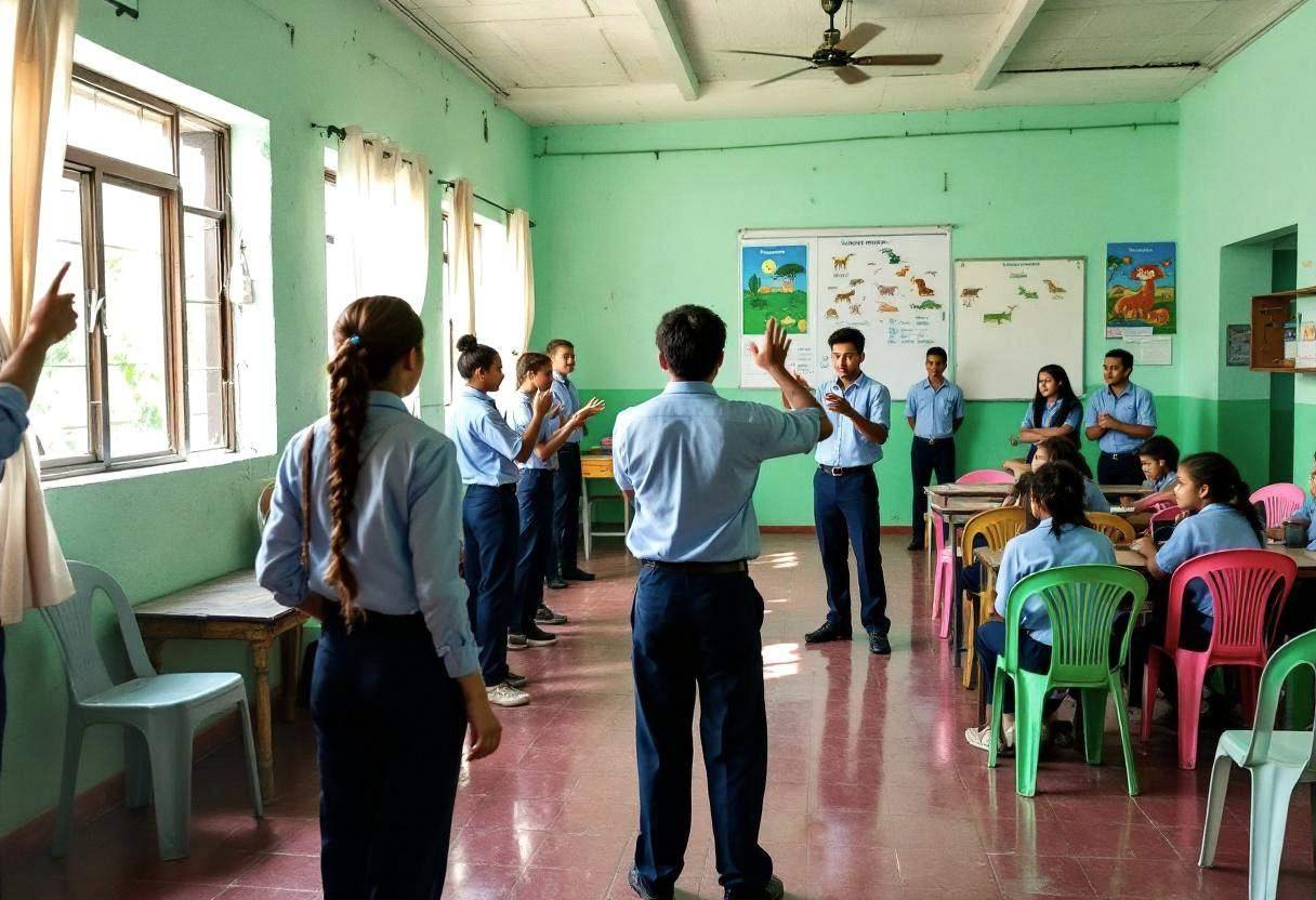Middle-school-age preteens ages 10 to 13 in blue cotton uniform shirts and navy trousers acting out energy scenarios fro