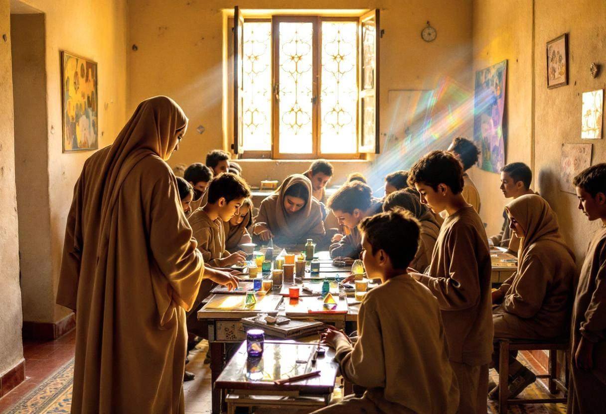 Middle-school-age preteens ages 10 to 13 in colorful cotton tunics and long trousers gathered around their teacher in a 