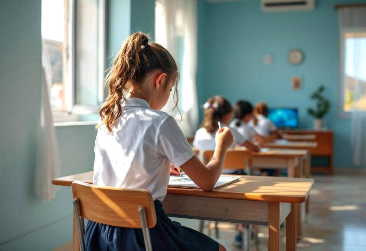 A preteen girl around age 11 in a white school polo shirt and navy skirt working on a colorful optical illusion artwork 