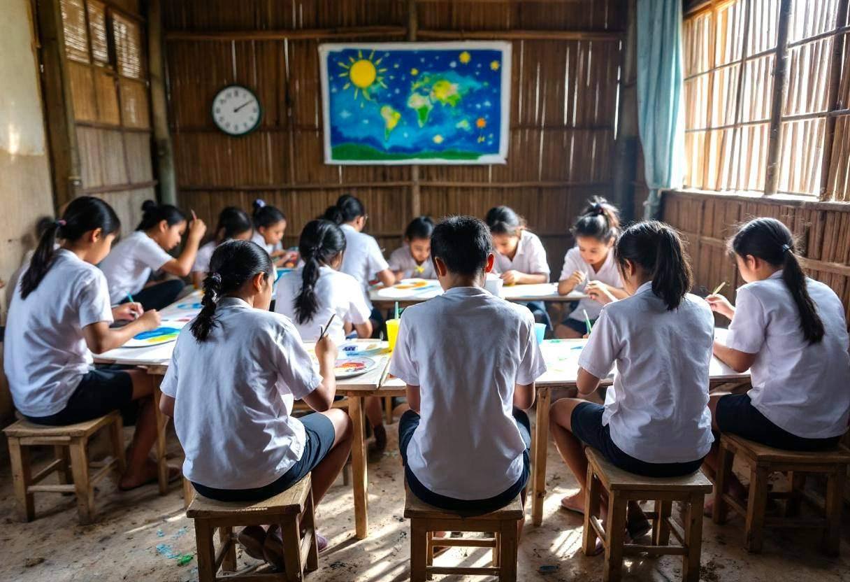 Twelve preteen students ages 10-13 in simple white cotton shirts and dark shorts seated on low wooden stools