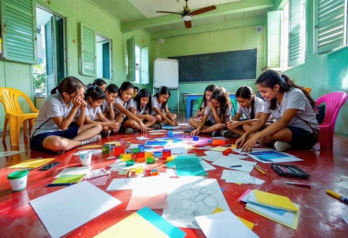 Art supplies for optical energy lesson scattered on red concrete classroom floor in Filipino school with pale green wood