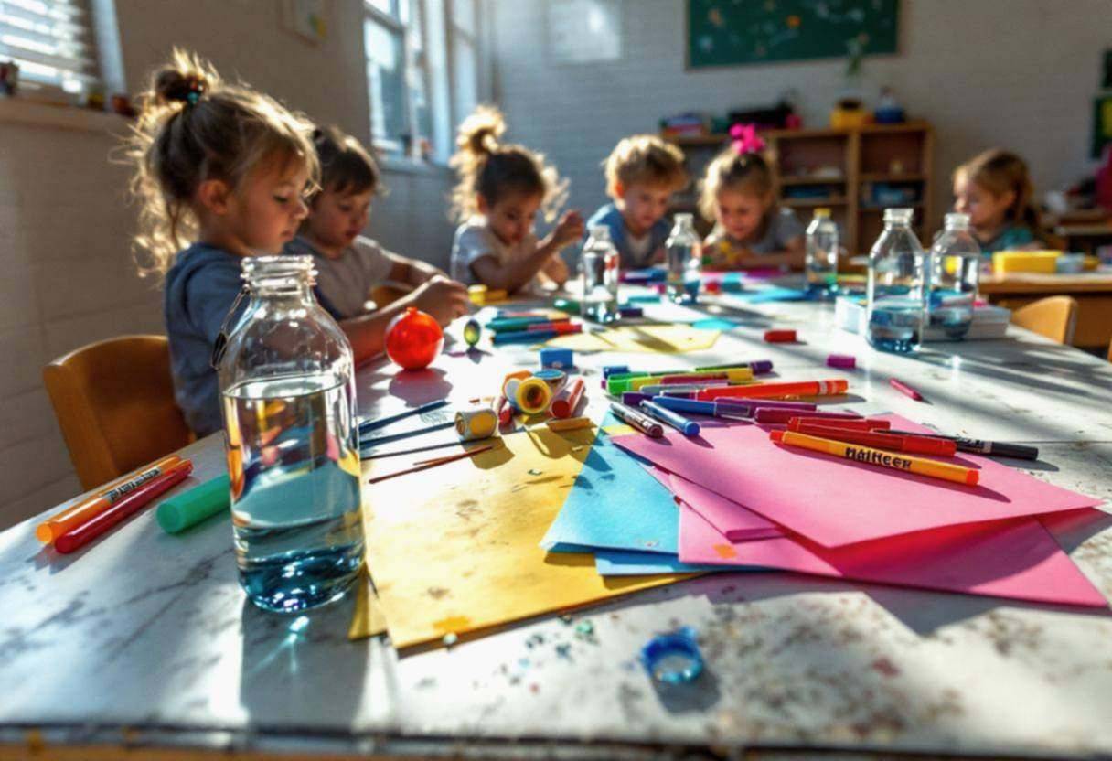 Art supplies scattered across a vinyl-tiled desk surface: colorful markers