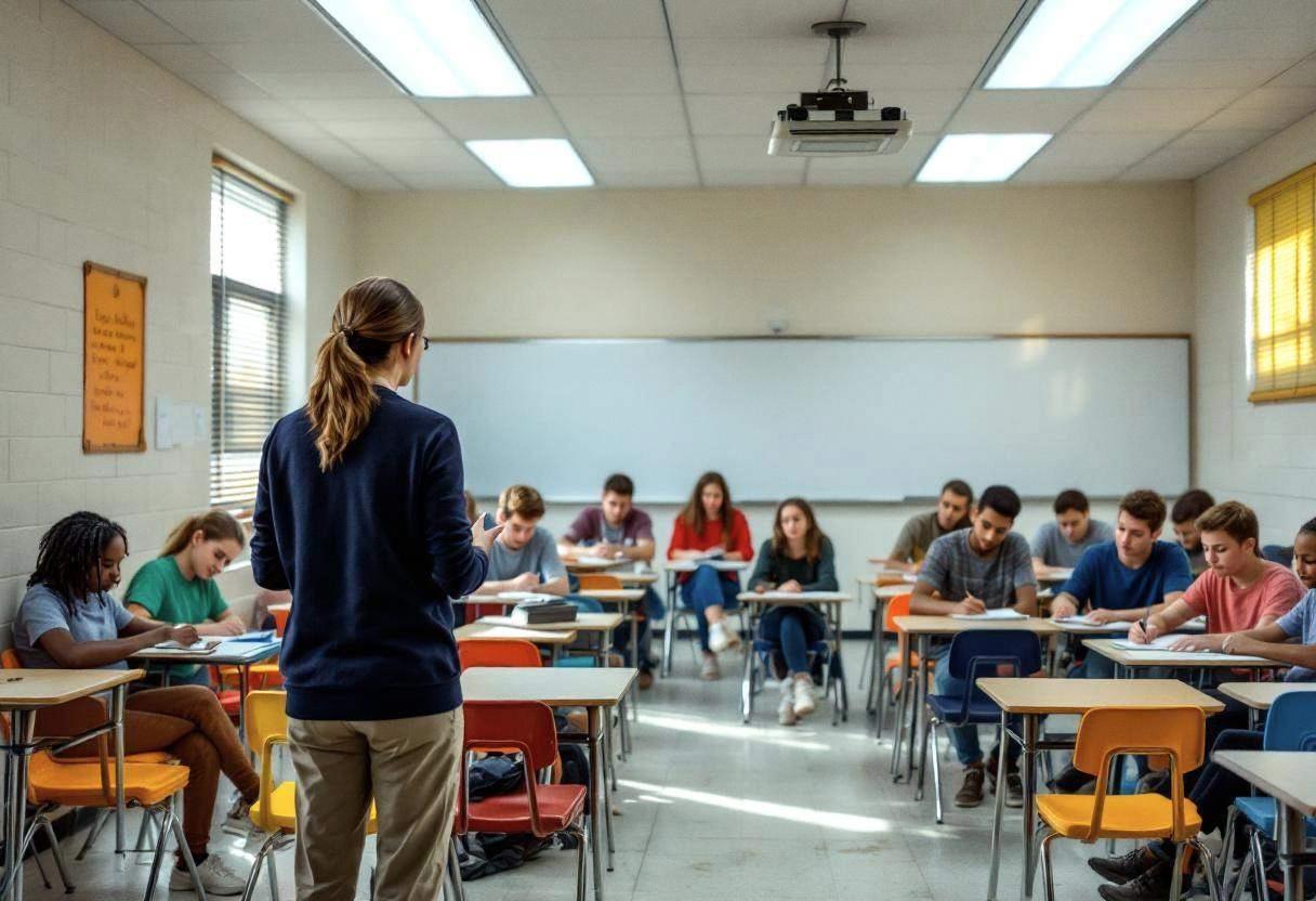 A teacher in a navy cardigan and khaki pants seen from behind gesturing to preteens ages 10 to 13 in colorful t-shirts a