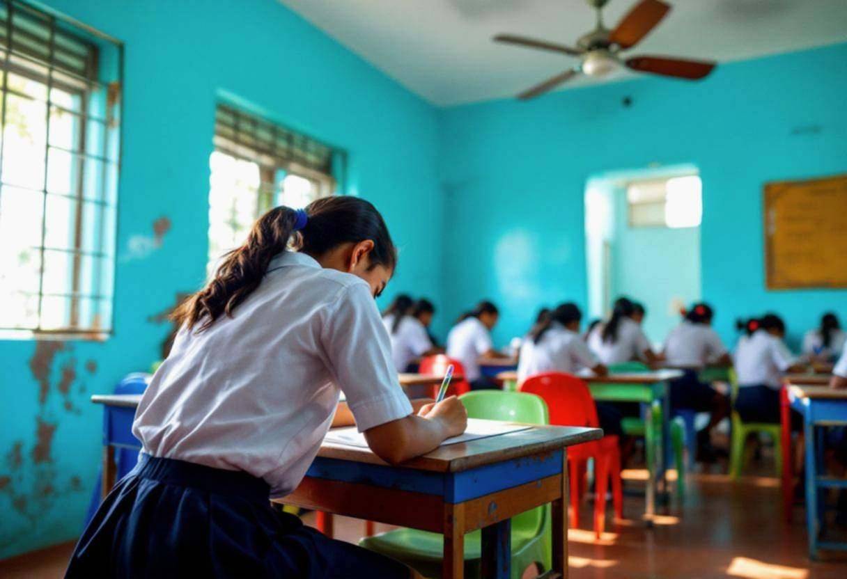 A preteen girl around age 11 in a white cotton school blouse and navy skirt bent over her desk writing