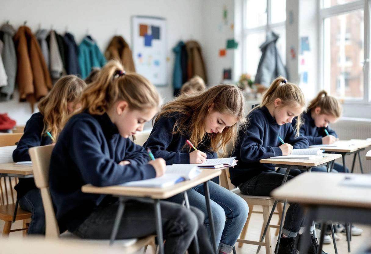 Preteens ages 10 to 13 in navy sweaters and jeans sitting on mismatched wooden chairs