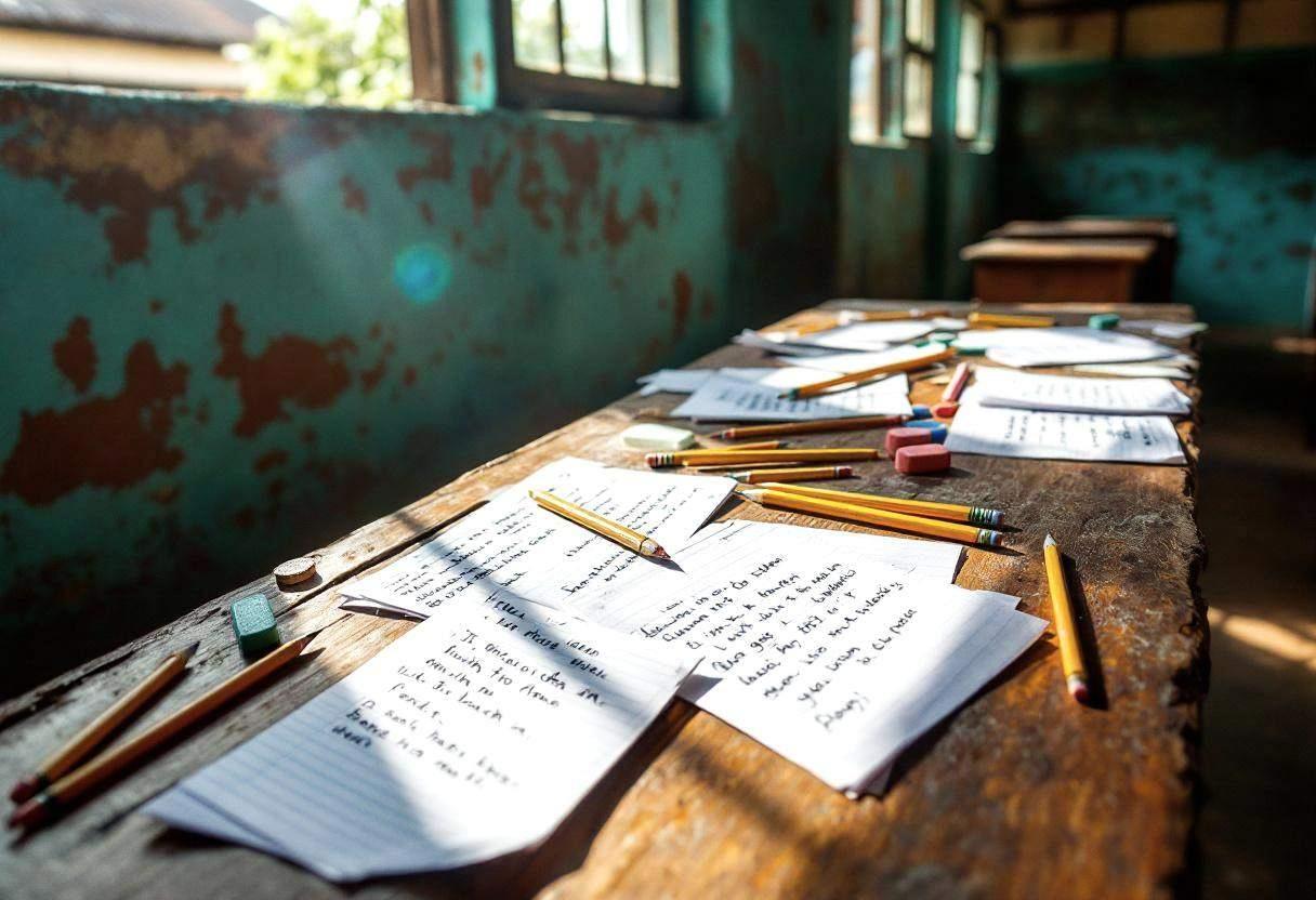 Scattered notebook pages and pencils on a wooden desk surface