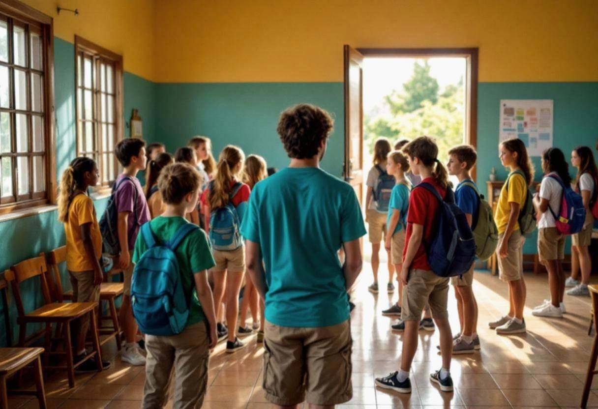 Middle-school-age preteens ages 10 to 13 in colorful cotton t-shirts and uniform khaki pants gathered around their teach